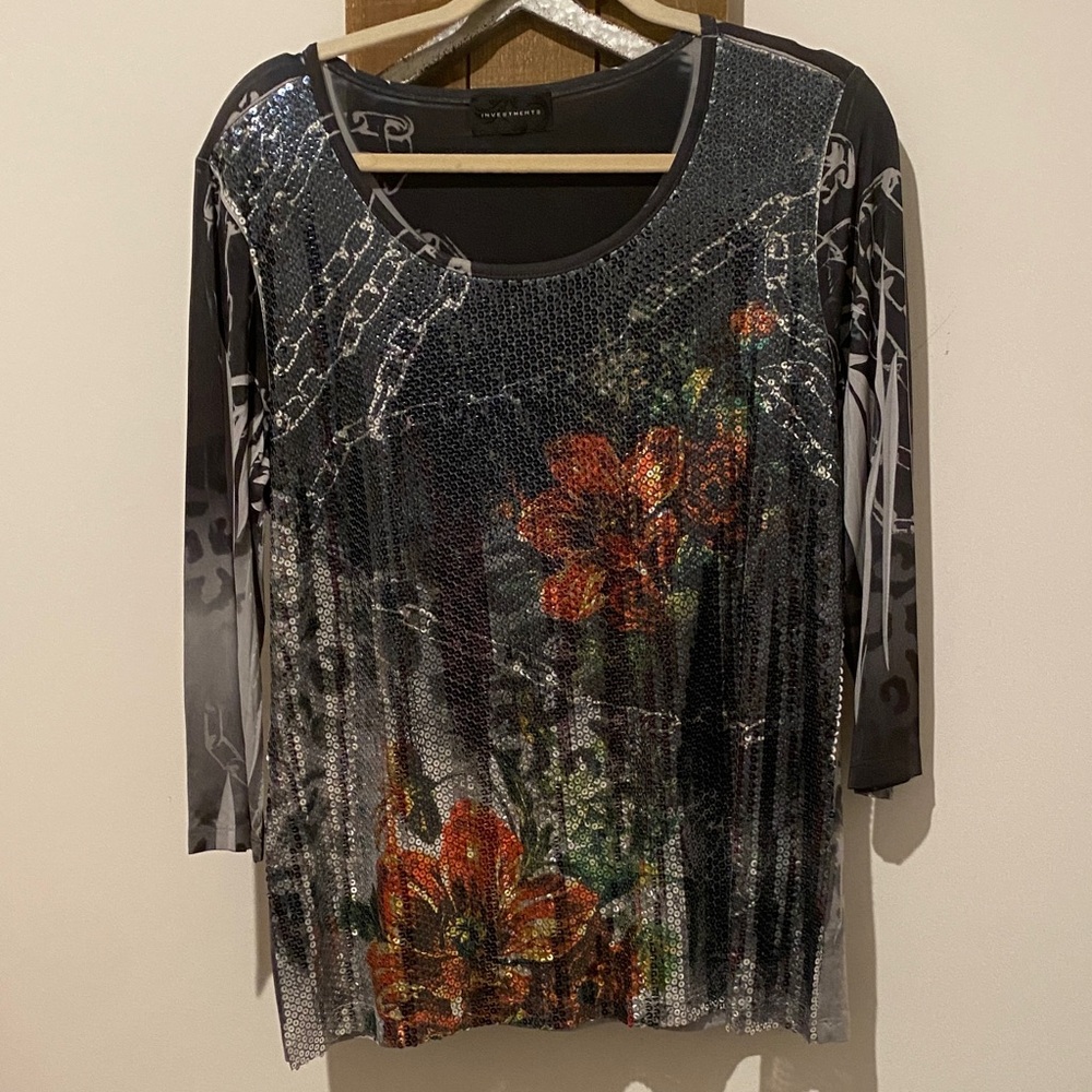 Investments Black and Orange Floral Blouse